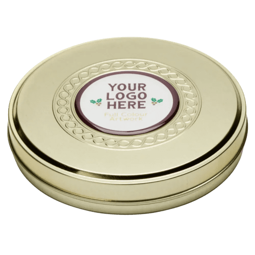 Promotional Festive Shortbread Biscuit Gold Treat Tin with full-colour logo from Total Merchandise