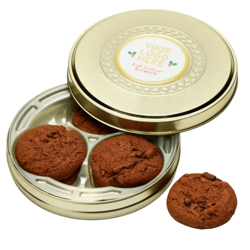 Logo Branded Belgian Chocolate Cookies Gold Treat Tin with your full-colour logo
