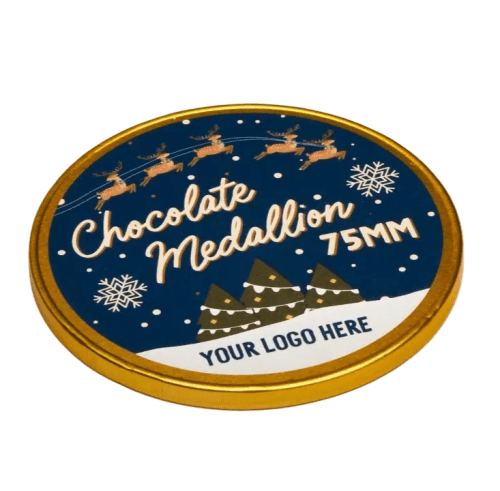 Logo Printed 75mm Chocolate Foil Medallions in Gold printed with your logo from Total Merchandise
