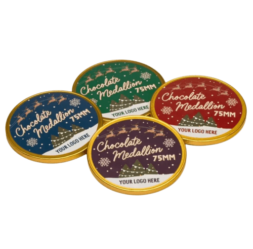 Custom Branded 75mm Chocolate Foil Medallions in Gold printed with your logo from Total Merchandise