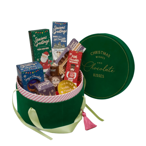 Promotional Luxury Chocolate Hat Box Hamper in Emerald Green from Total Merchandise