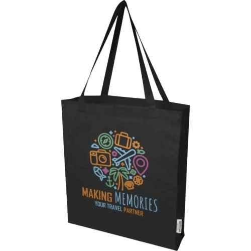 Promotional printed Madras Coloured Recycled Cotton Gusset Tote Bag in Black from Total Merchandise
