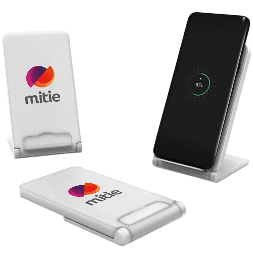 Promotional printed 15W Bolt Wireless Charger in White with a design from Total Merchandise