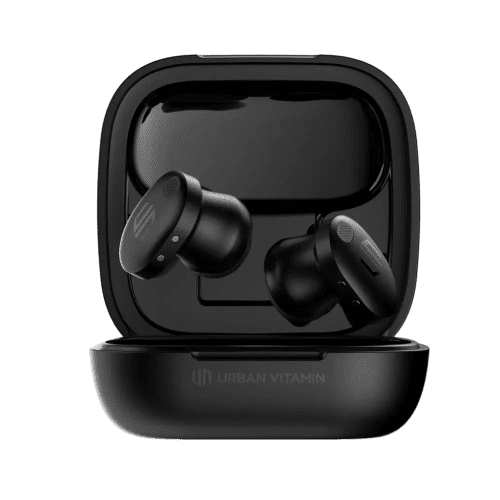 Branded Urban Vitamin Lakewood Repairable Earbuds in Black with a design from Total Merchandise