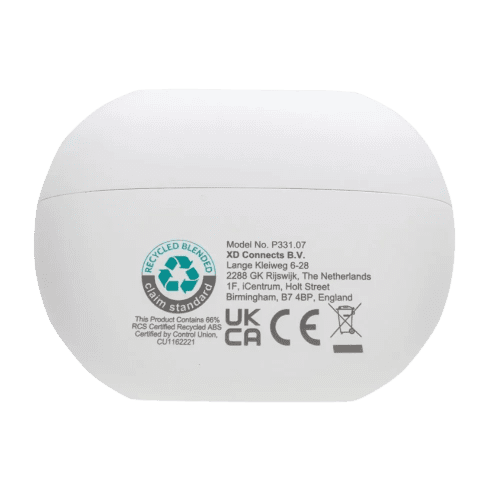 Custom Printed Prolink RCS Recycled Plastic Hybrid Earbuds in White printed with your company logo
