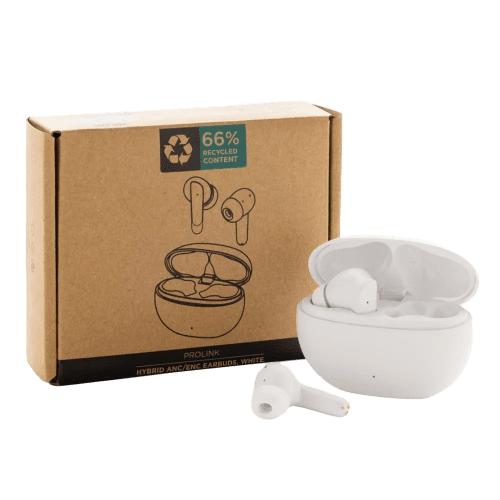 Custom Branded Prolink RCS Recycled Plastic Hybrid Earbuds in White printed with your company logo