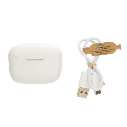 Logo Printed RCS Recycled Plastic Liberty Pro Wireless Earbuds in White from Total Merchandise