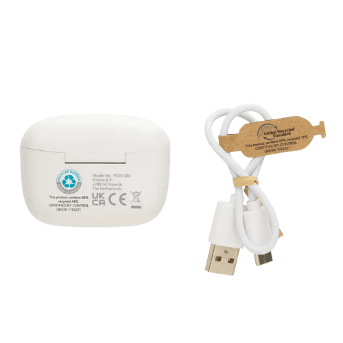 Custom Branded RCS Recycled Plastic Liberty Pro Wireless Earbuds in White from Total Merchandise