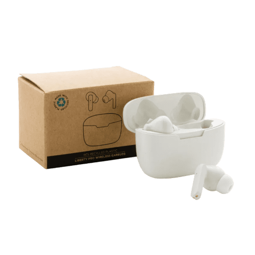Customisable RCS Recycled Plastic Liberty Pro Wireless Earbuds in White from Total Merchandise