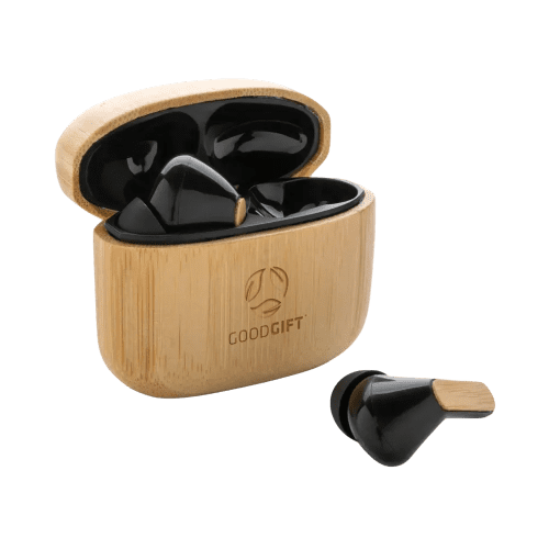 Promotional RCS Recycled Plastic and Bamboo TWS Earbuds in Natural/Black from Total Merchandise