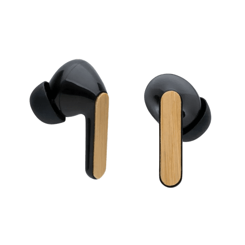 Logo Branded RCS Recycled Plastic and Bamboo TWS Earbuds in Natural/Black from Total Merchandise