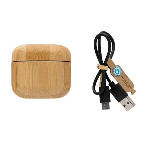 Custom Printed RCS Recycled Plastic and Bamboo TWS Earbuds in Natural/Black from Total Merchandise