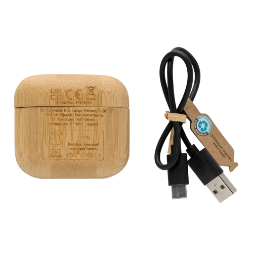 Logo Printed RCS Recycled Plastic and Bamboo TWS Earbuds in Natural/Black from Total Merchandise