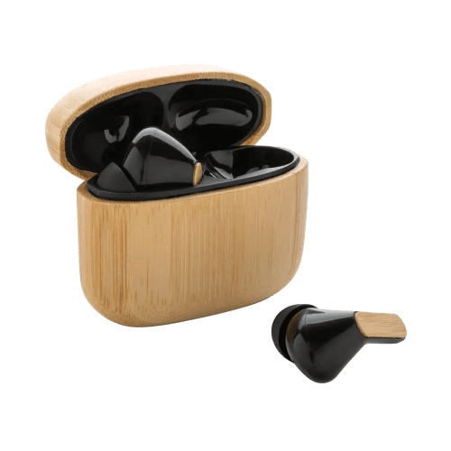 Custom Branded RCS Recycled Plastic and Bamboo TWS Earbuds in Natural/Black from Total Merchandise