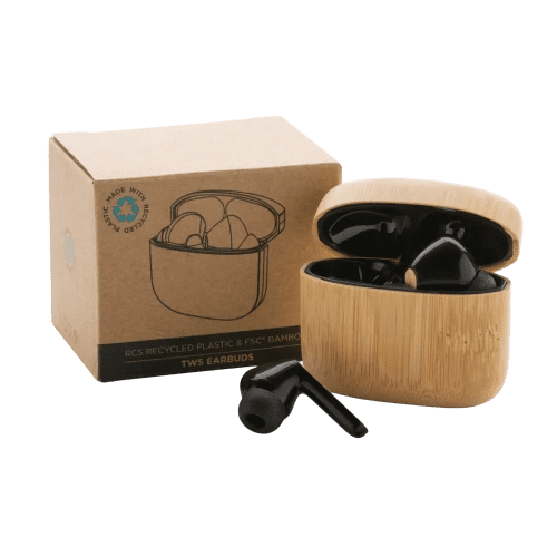 Personalisable RCS Recycled Plastic and Bamboo TWS Earbuds in Natural/Black from Total Merchandise