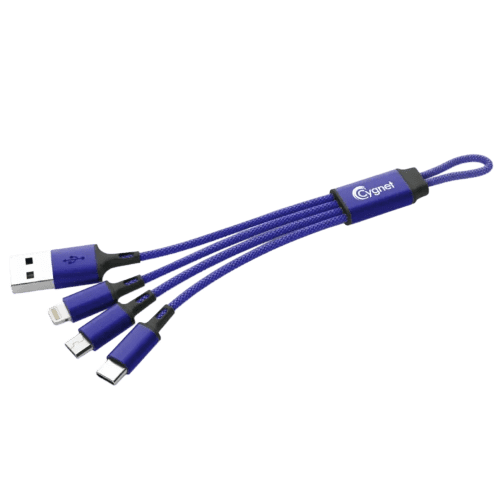 Customisable Chic 3-in-1 Charging Cable in Blue printed with your logo from Total Merchandise