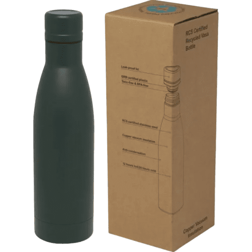 500ml Recycled Stainless Steel Insulated Water Bottle in Green Flash with the box