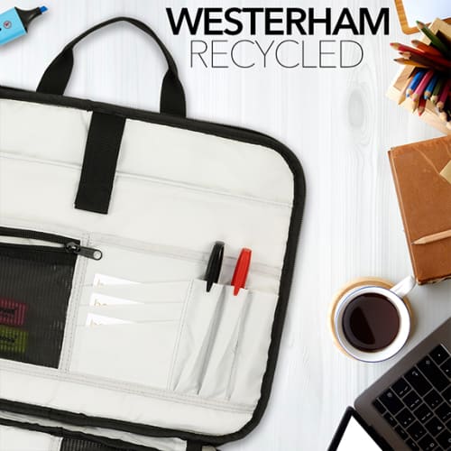 Lifestyle image of the Westerham Recycled Laptop Bag from Total Merchandise