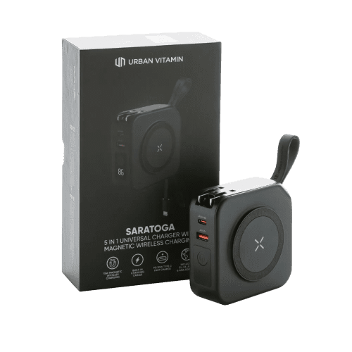 Logo Printed Urban Vitamin Saratoga 5-in-1 20W Universal Charger in Black from Total Merchandise