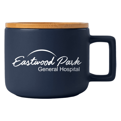 Logo branded 355ml Ceramic Mug with Bamboo Lid in Navy Blue from Total Merchandise