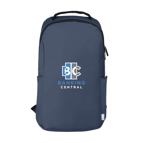 Customised Waterproof Recycled Backpacks in Navy Blue printed with your logo from Total Merchandise