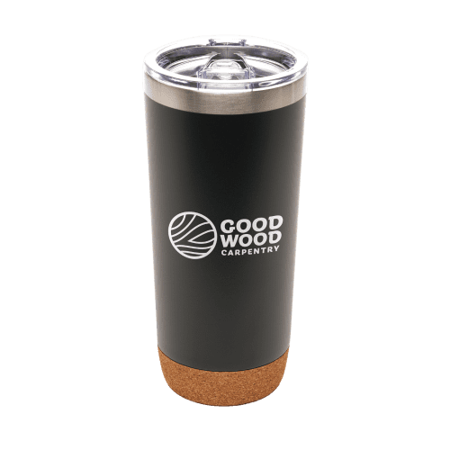 Customisable 650ml Vinci Recycled Stainless Steel Tumbler in Black/Cork branded withy our logo
