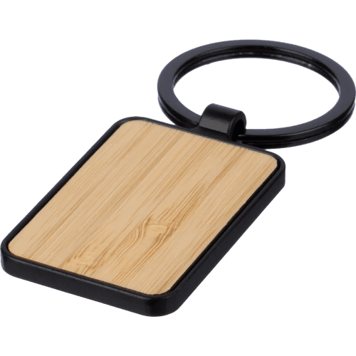 Customisable Oblong Metal and Bamboo Keyring in Black/Natural branded with your company logo