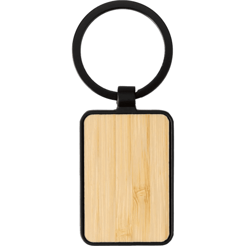 Promotional Oblong Metal and Bamboo Keyring in Black/Natural branded with your company logo