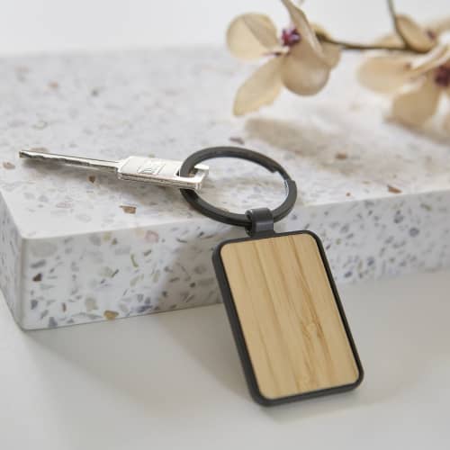 Oblong Metal and Bamboo Keyring