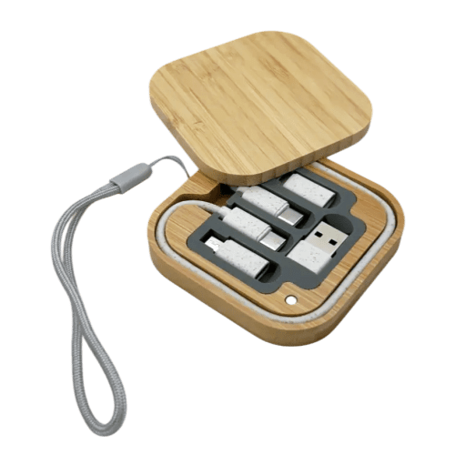 Promotional printed Square Bamboo Multi-Cable Travel Kit from Total Merchandise