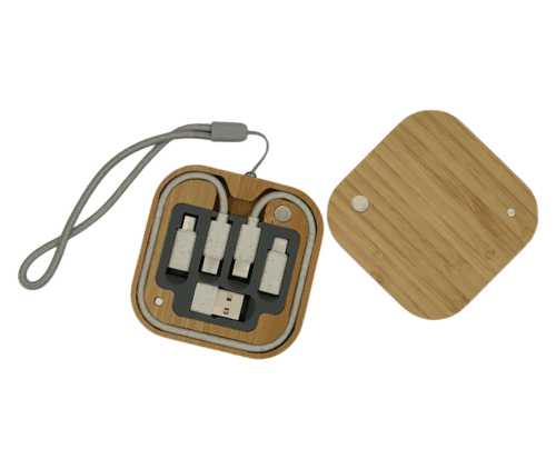 Custom printed Square Bamboo Multi-Cable Travel Kit from Total Merchandise
