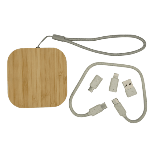 Logo branded Square Bamboo Multi-Cable Travel Kit from Total Merchandise