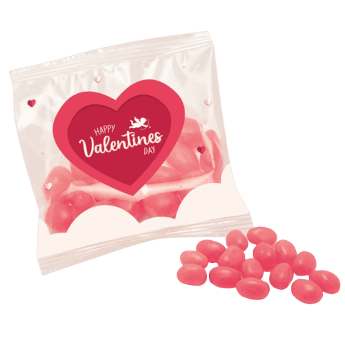 Logo Branded Flow Bag Filled with Strawberry Jelly Beans with a design from Total Merchandise