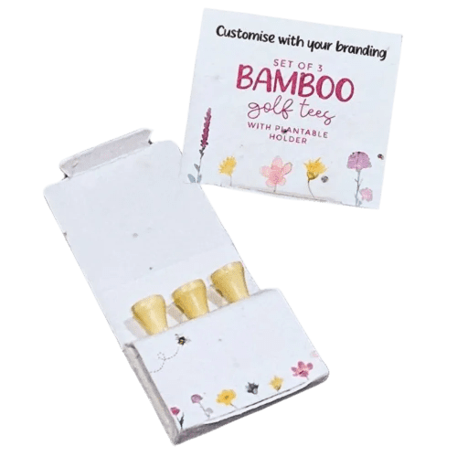 Logo printed 3 Bamboo Golf Tees in Plantable Packaging in White with a design from Total Merchandise