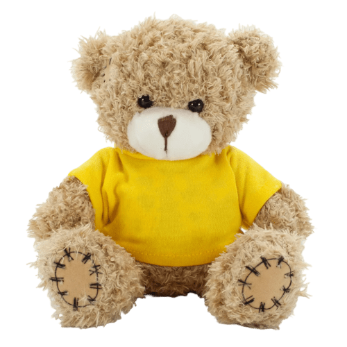 18cm Paw Teddy Bears with a T-Shirt in Mocha/Yellow
