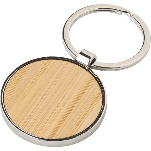 Customisable Bamboo and Metal Keyring in Bamboo/Silver branded with your company logo