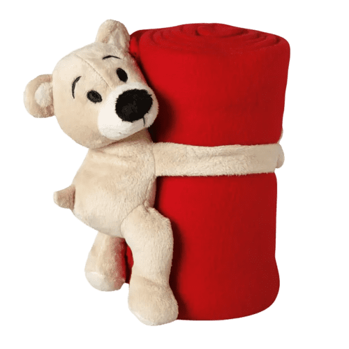 Promotional Fleece Blanket with Teddy Bear in Red from Total Merchandise