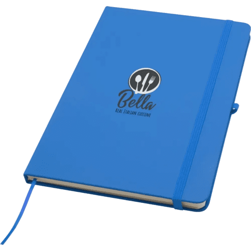 Logo printed Spectrum Plus A5 Hard Cover Notebook in Light Blue with a design from Total Merchandise