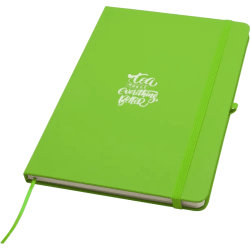 Logo branded Spectrum Plus A5 Hard Cover Notebook in Lime Green with a design from Total Merchandise