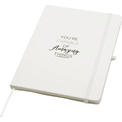 Logo branded Spectrum Plus A5 Hard Cover Notebook in White with a design from Total Merchandise