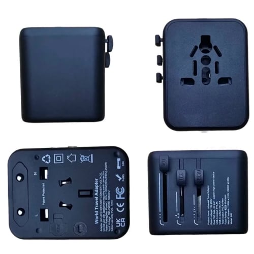 Logo branded Universal Travel Adaptor Plug with USB & USB-C in Black with a design from Total Merchandise