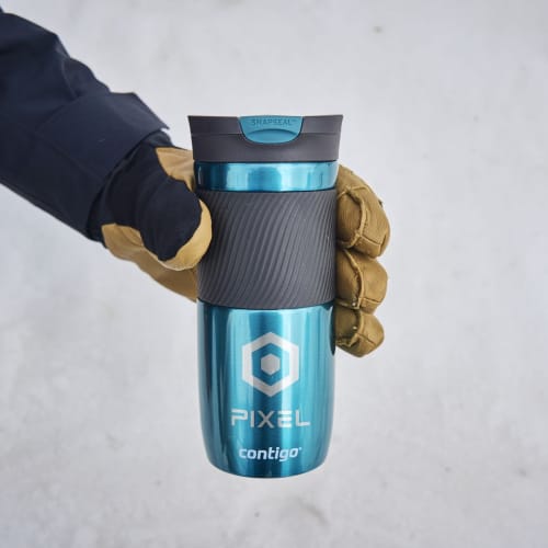 Lifestyle image of the Contigo® 470ml Double Walled Thermos Cup in Turquoise from Total Merchandise