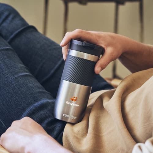 Lifestyle image of the Contigo® 470ml Double Walled Thermos Cup in Silver from Total Merchandise