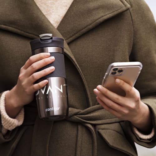 Lifestyle image of the Contigo® 470ml Double Walled Thermos Cup in Gunmetal from Total Merchandise