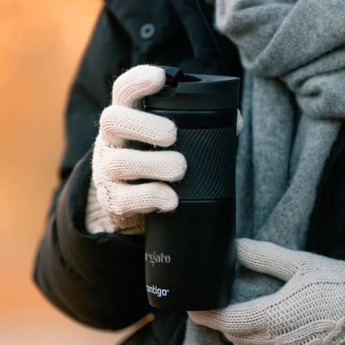 Lifestyle image of the Contigo® 470ml Double Walled Thermos Cup in Black from Total Merchandise