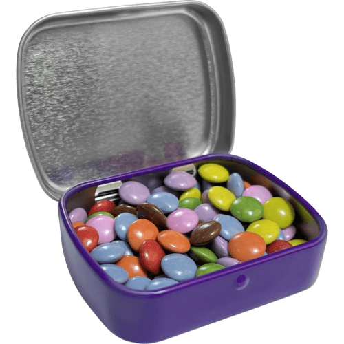 Customisable Flat Tin Filled with Chocolate Beans in Purple printed with your company logo