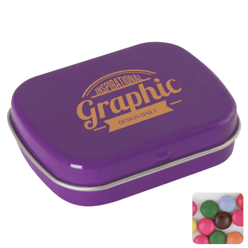Promotional Flat Tin Filled with Chocolate Beans in Purple printed with your company logo