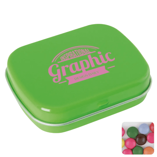 Custom Branded Flat Tin Filled with Chocolate Beans in Light Green printed with your company logo