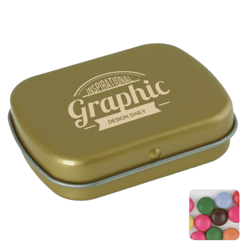 Custom Printed Flat Tin Filled with Chocolate Beans in Gold printed with your company logo