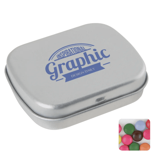 Logo Printed Flat Tin Filled with Chocolate Beans in Silver printed with your company logo